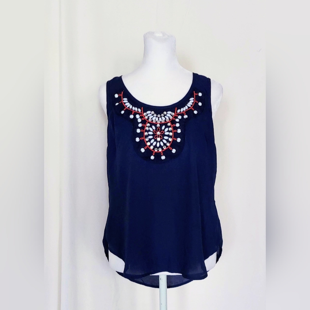 Three Pink Hearts Sleeveless Beaded Trixxi Top Blue Womens Small